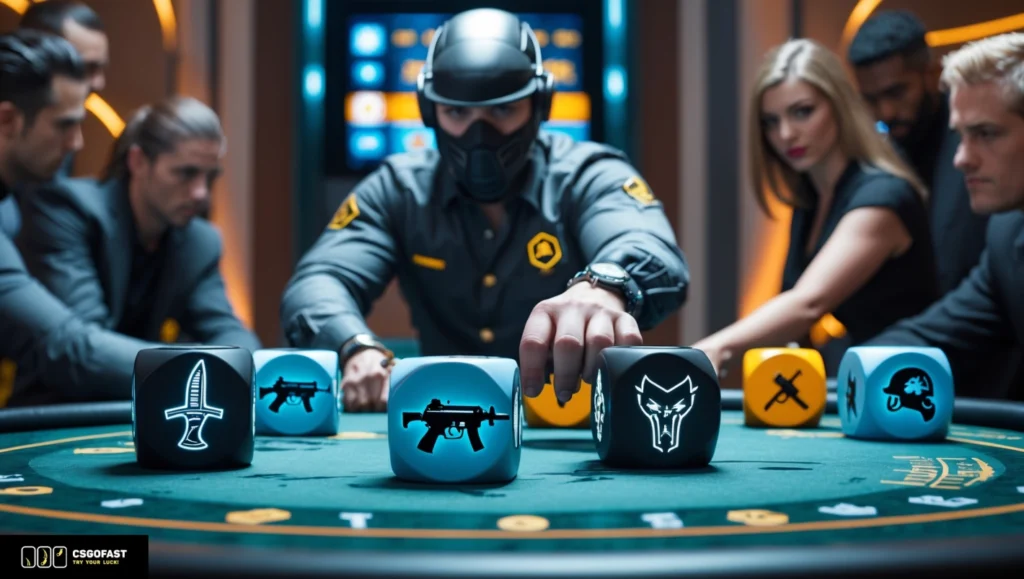 Ein High-Stakes CS:GO Casino-Tisch mit benutzerdefinierten Würfeln mit Waffen-Skins und Messern. Erleben Sie aufregendes CS:GO Skin-Glücksspiel auf CSGOFAST mit Roulette, Case-Battles und Jackpot-Spielen!