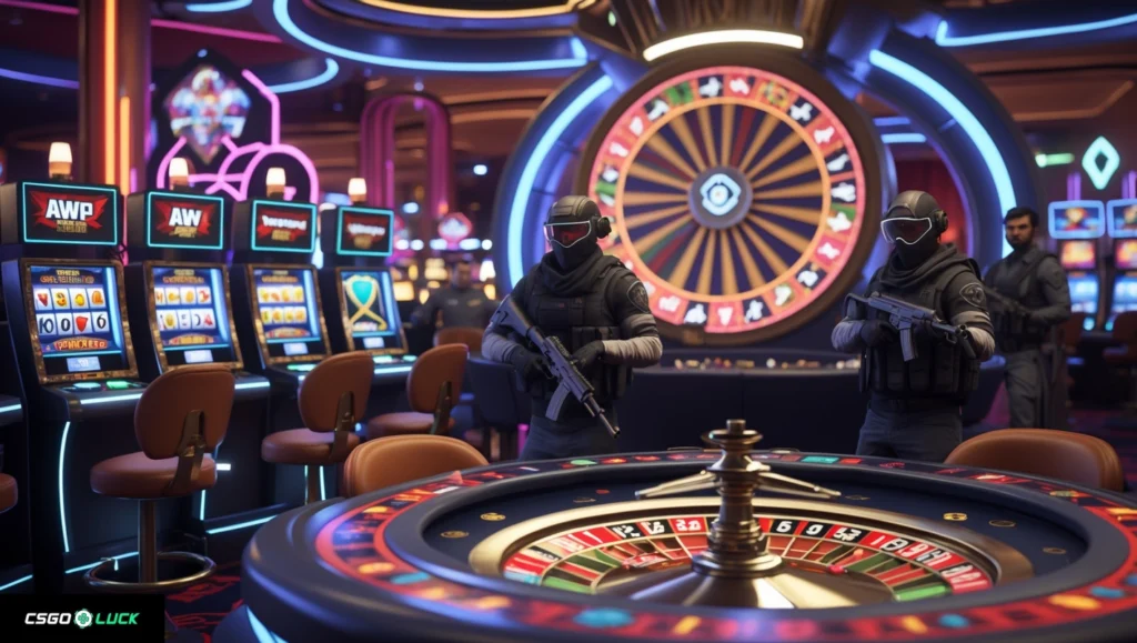 Ein neonbeleuchtetes CS:GO Casino mit Roulette, Spielautomaten und taktischen Operativen. Wetten Sie Skins und gewinnen Sie groß auf CSGOLUCK mit Roulette, Case-Battles und Jackpot-Spielen!