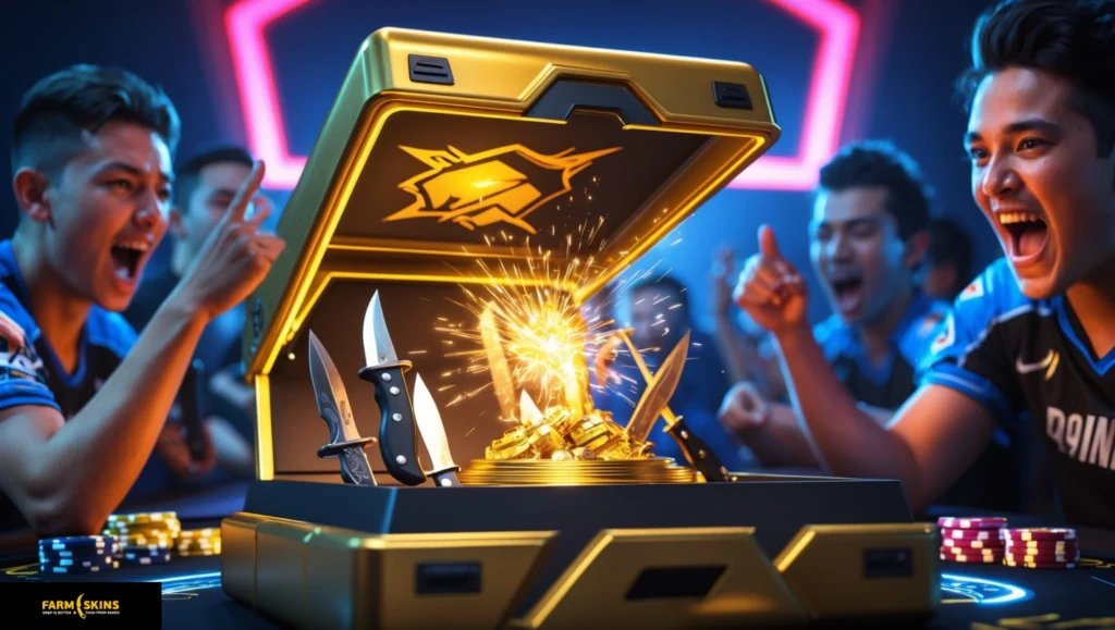 Farmskins Test 2025. Spieler feiern, als ein goldener Case aufplatzt und seltene Messer und Münzen enthüllt. Versuchen Sie Ihr Glück und gewinnen Sie heute Top-Skins!