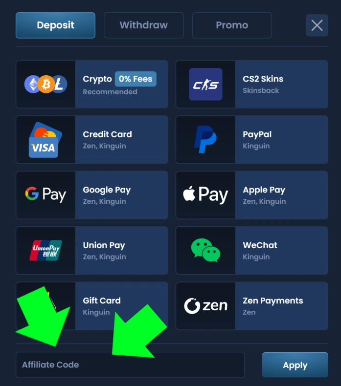 Plunder Einzahlungsoptionen – Krypto, Kreditkarte, PayPal, Google Pay, Apple Pay, Union Pay, WeChat, Geschenkkarte und Zen Payments. Enthält ein Affiliate-Code-Eingabefeld für Boni.