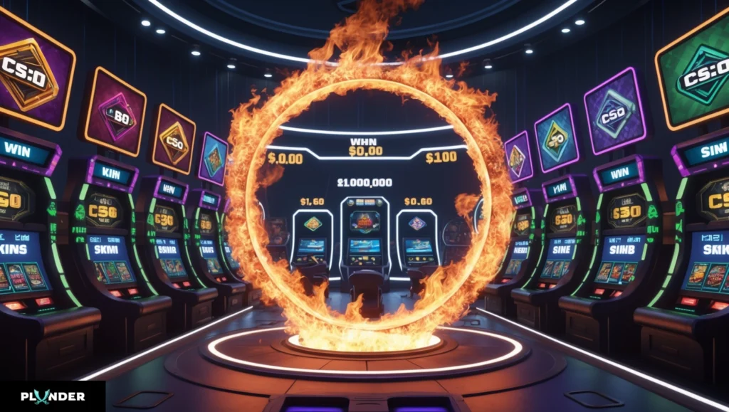 CS:GO-thematisierte Spielautomaten und ein feuriger Jackpot-Ring auf Plunder! Drehen Sie, um groß mit Skins, Cases und massiven Belohnungen zu gewinnen. Versuchen Sie heute Ihr Glück!